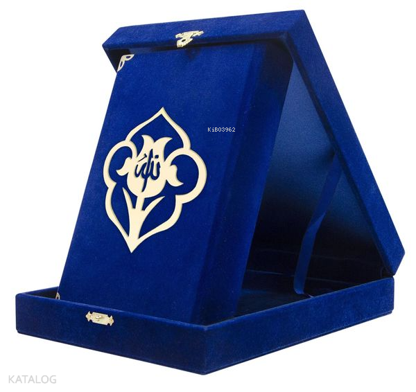 Kadife Kutulu Kuran-ı Kerim (Çanta Boy, Güllü, Koyu Mavi) - 2