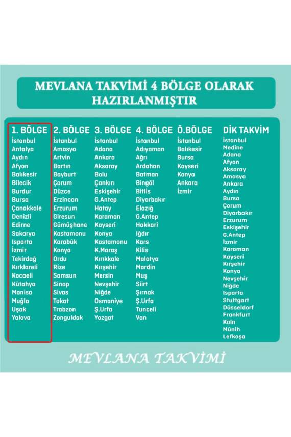 Mevlana Yapraklı Blok Duvar Takvimi 1. Bölge 2025 - 2