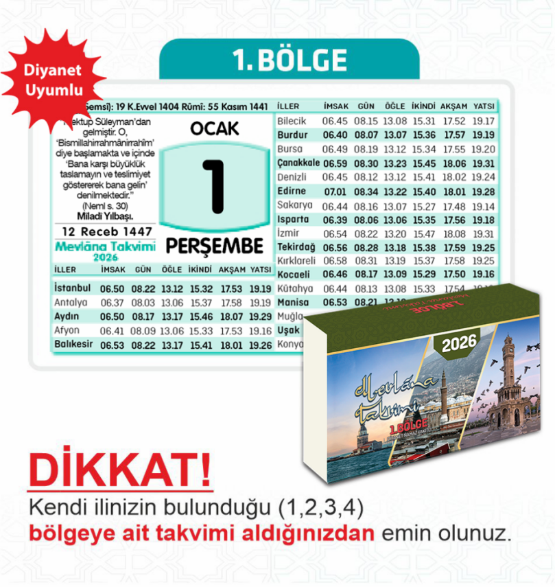 Mevlana Yapraklı Blok Duvar Takvimi 1. Bölge 2026 - 1