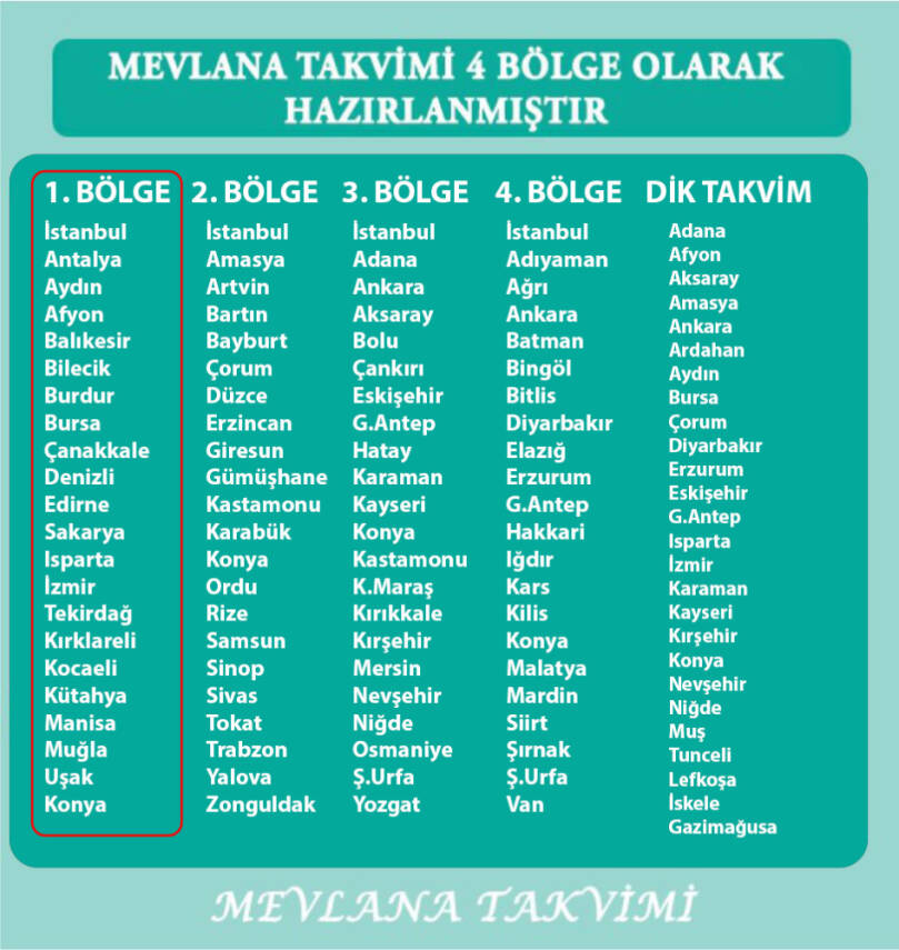 Mevlana Yapraklı Blok Duvar Takvimi 1. Bölge 2026 - 2