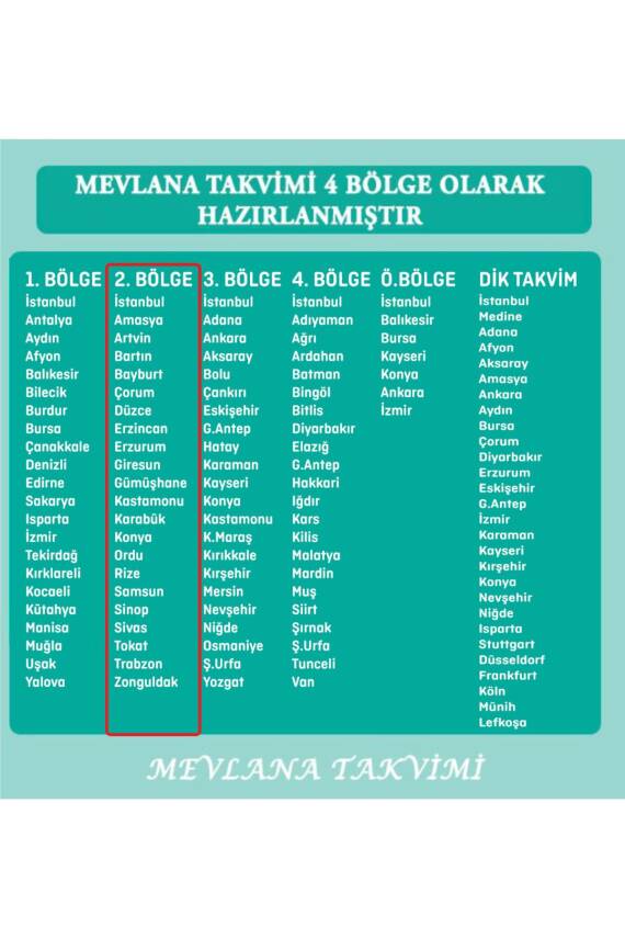 Mevlana Yapraklı Blok Duvar Takvimi 2. Bölge 2025 - 2