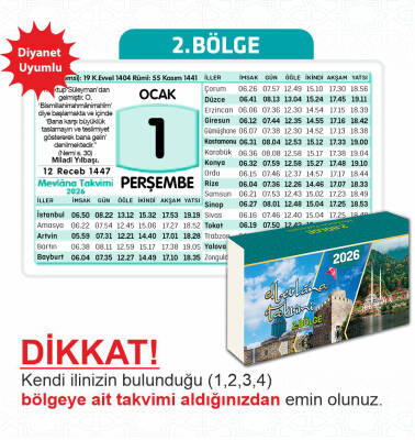 Mevlana Yapraklı Blok Duvar Takvimi 2. Bölge 2026 - Mevlana Takvim & Promosyon