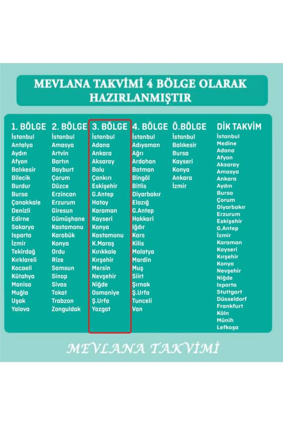 Mevlana Yapraklı Blok Duvar Takvimi 3. Bölge 2025 - 2