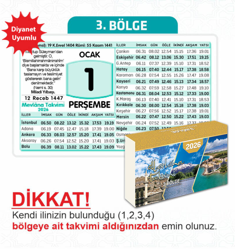 Mevlana Yapraklı Blok Duvar Takvimi 3. Bölge 2026 - 1