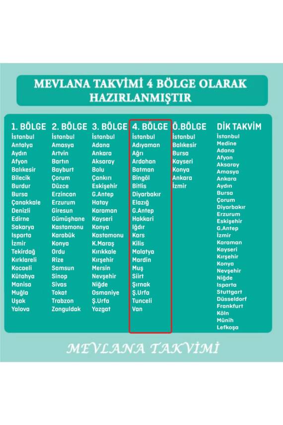 Mevlana Yapraklı Blok Duvar Takvimi 4. Bölge 2025 - 2