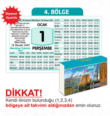 Mevlana Yapraklı Blok Duvar Takvimi 4. Bölge 2026 - Mevlana Takvim